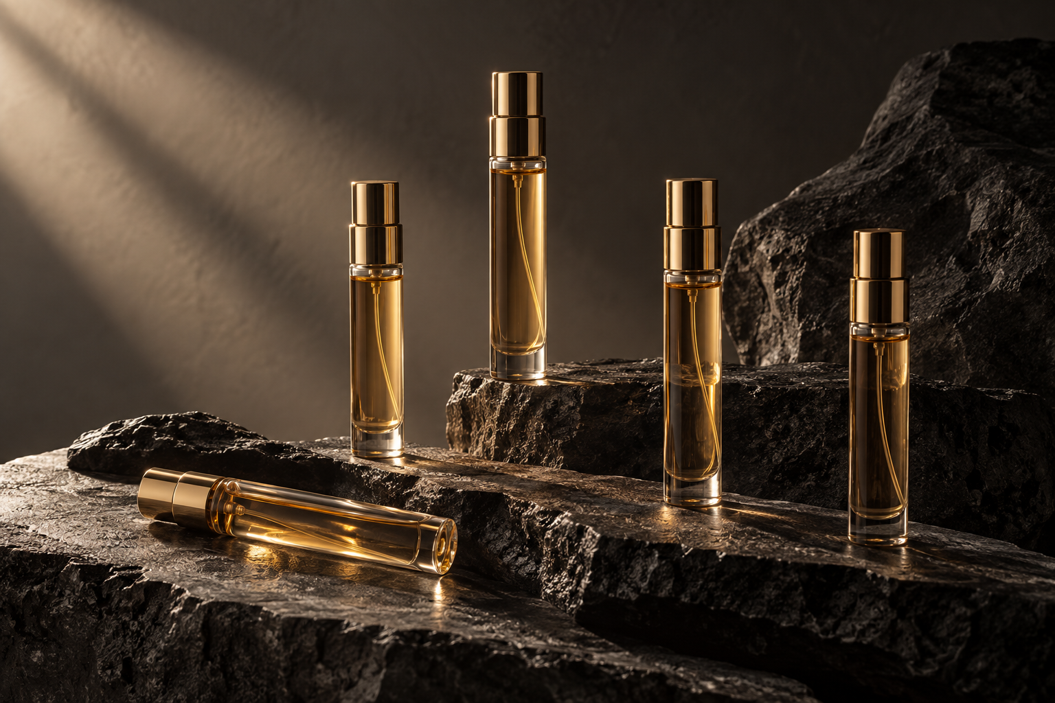Five unbranded fragrance travel atomizers on a stone display